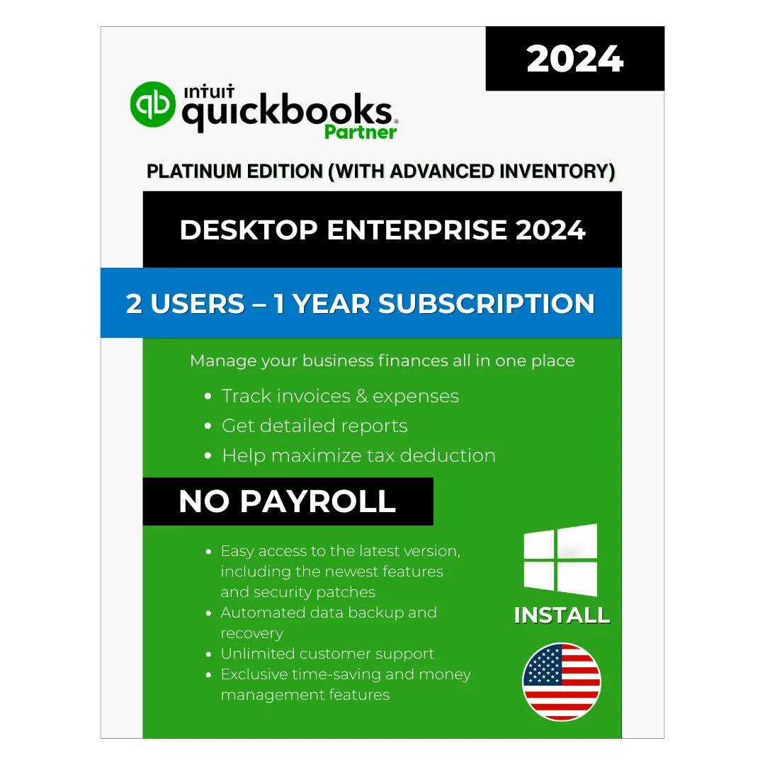 Quickbooks Desktop Enterprise 2024 – Platinum Edition (with advanced inventory) – 1 Year Subscription License Key – USA Version (2 Users) – (no payroll)
